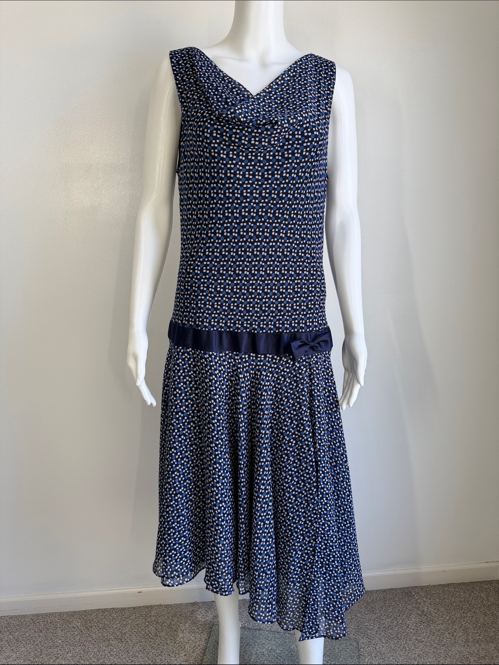 Y2K Miss Dorby Blue Geometric Drop Waist Midi Dress